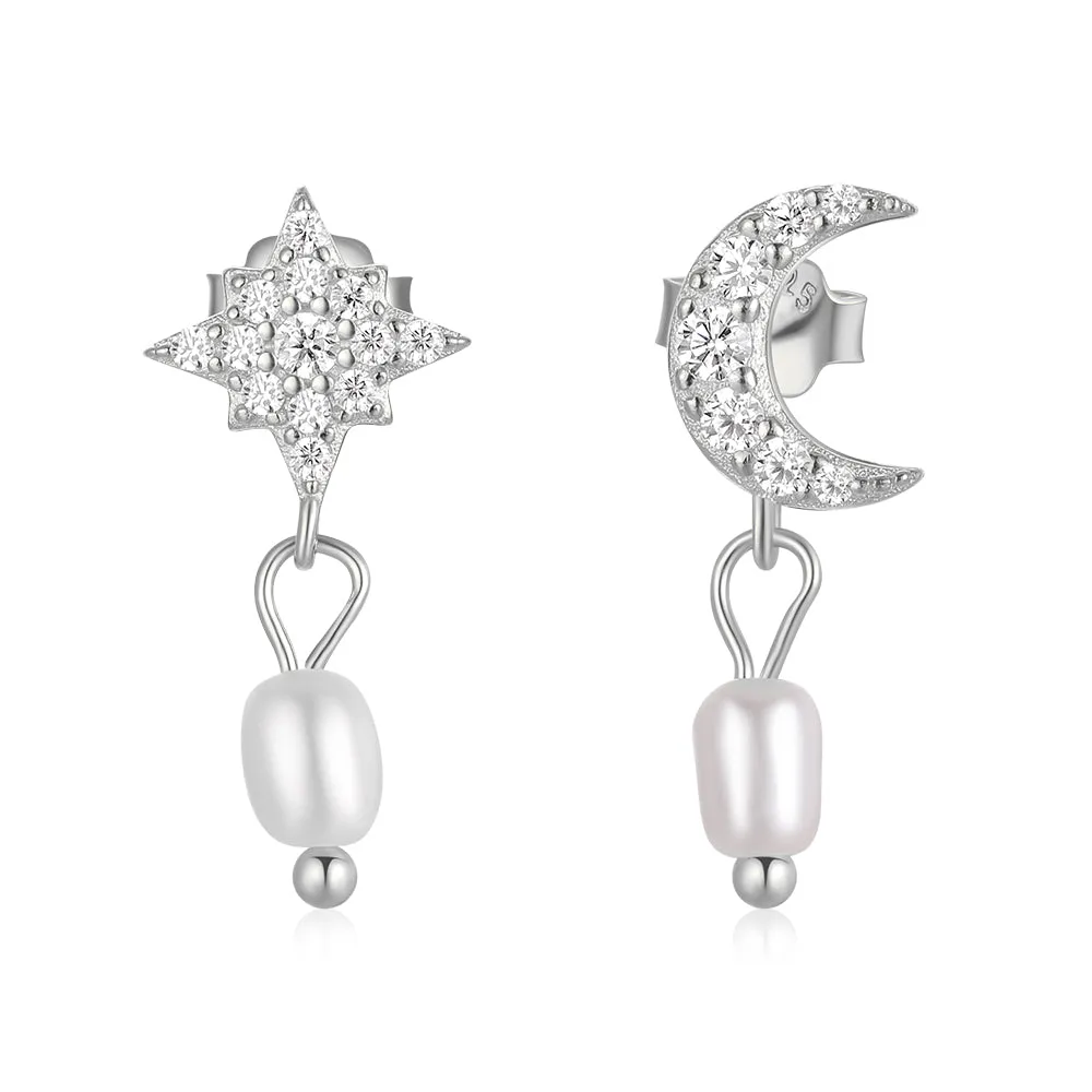 Asymmetrical Crescent Moon & Twinkle Star Drop Earrings