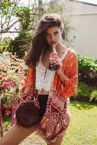 Boho Kimono "Sugar" Orange And Burgundy Red Crescent Moon India Print Sizes Small Medium Or Large