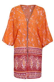 Boho Kimono "Sugar" Orange And Burgundy Red Crescent Moon India Print Sizes Small Medium Or Large