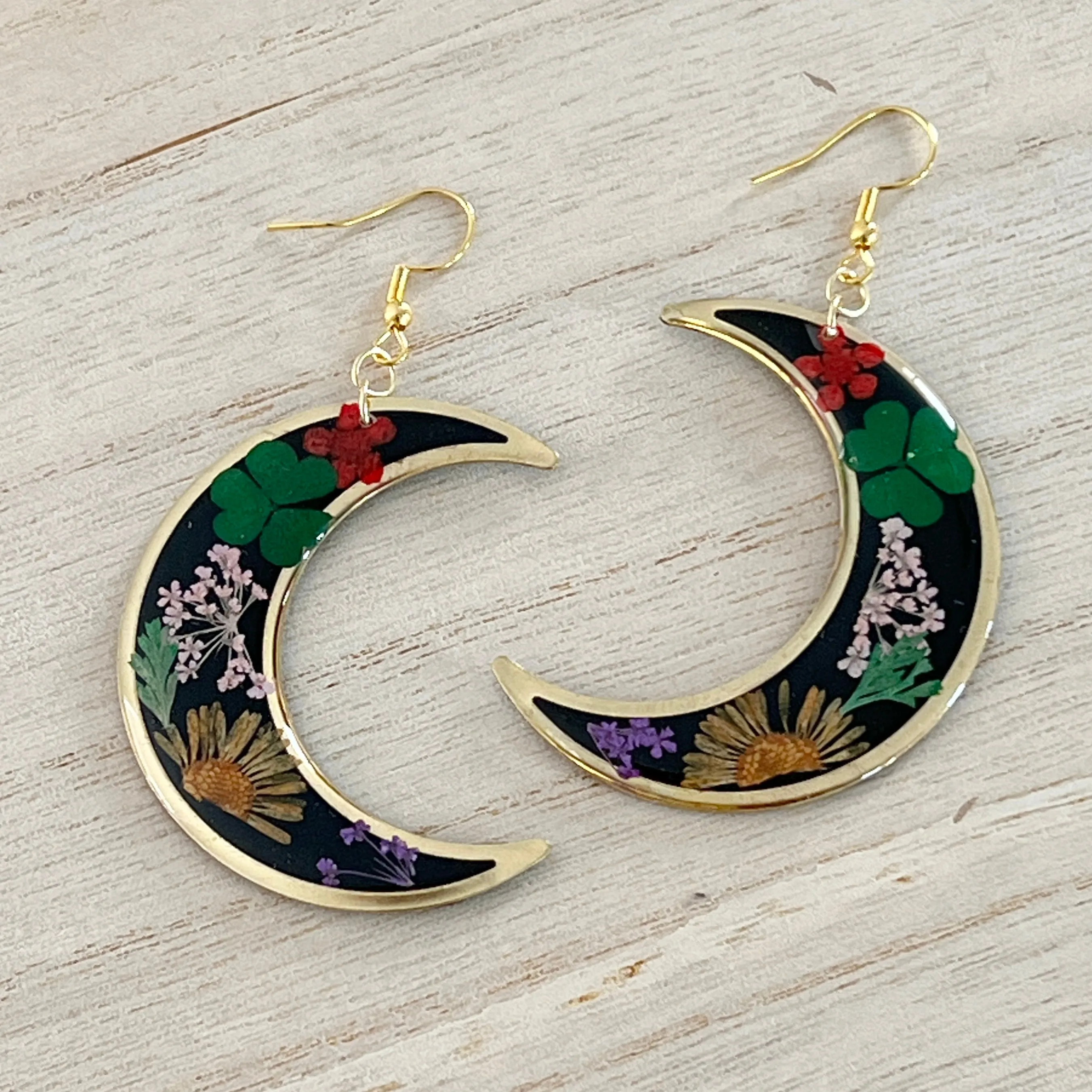 Botanical Crescent Moon Earrings - Gold