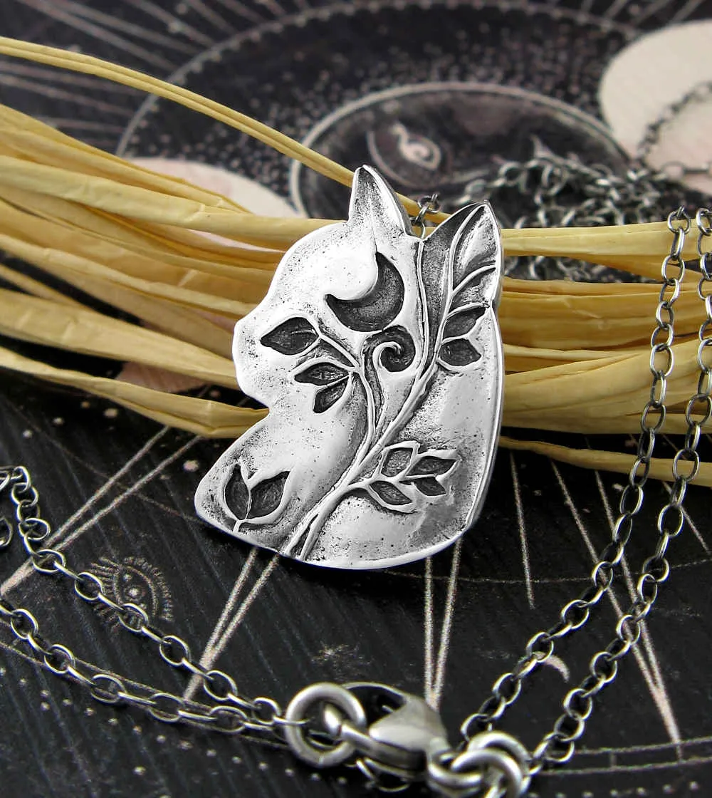 Cat Head Silhouette Pendant w/ Crescent Moon & Vines, 100% Handmade