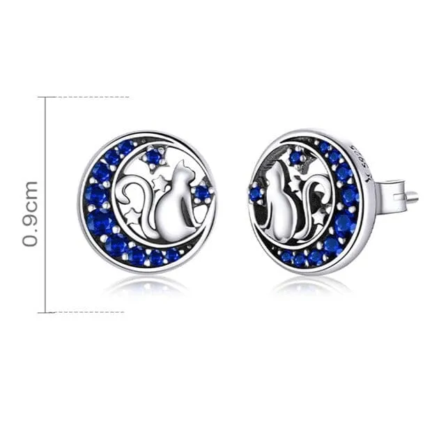 Crescent Moon Cat on the Moon Fairy Sapphire Stud Earrings - Genuine 925 Sterling Silver