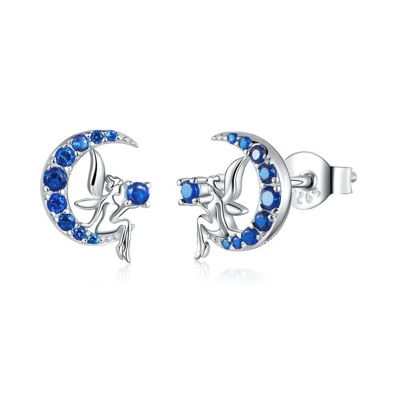 Crescent Moon Cat on the Moon Fairy Sapphire Stud Earrings - Genuine 925 Sterling Silver