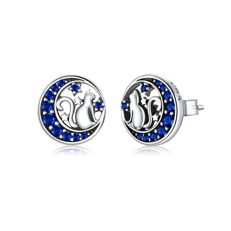 Crescent Moon Cat on the Moon Fairy Sapphire Stud Earrings - Genuine 925 Sterling Silver