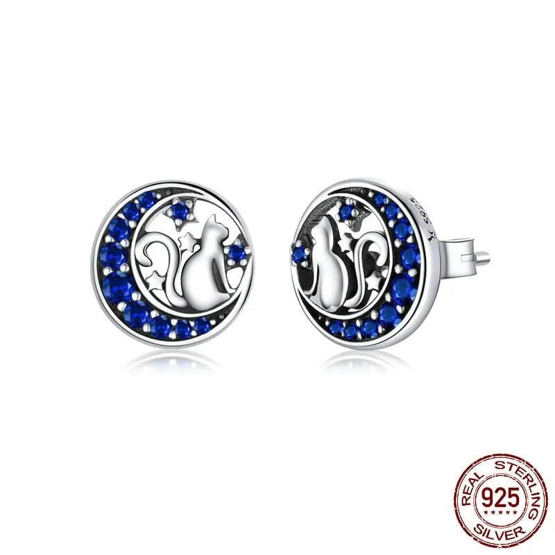 Crescent Moon Cat on the Moon Fairy Sapphire Stud Earrings - Genuine 925 Sterling Silver