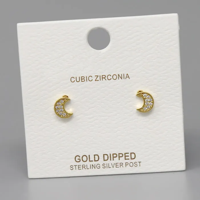 Crescent Moon Cubic Zirconia Pave  Stud Earrings