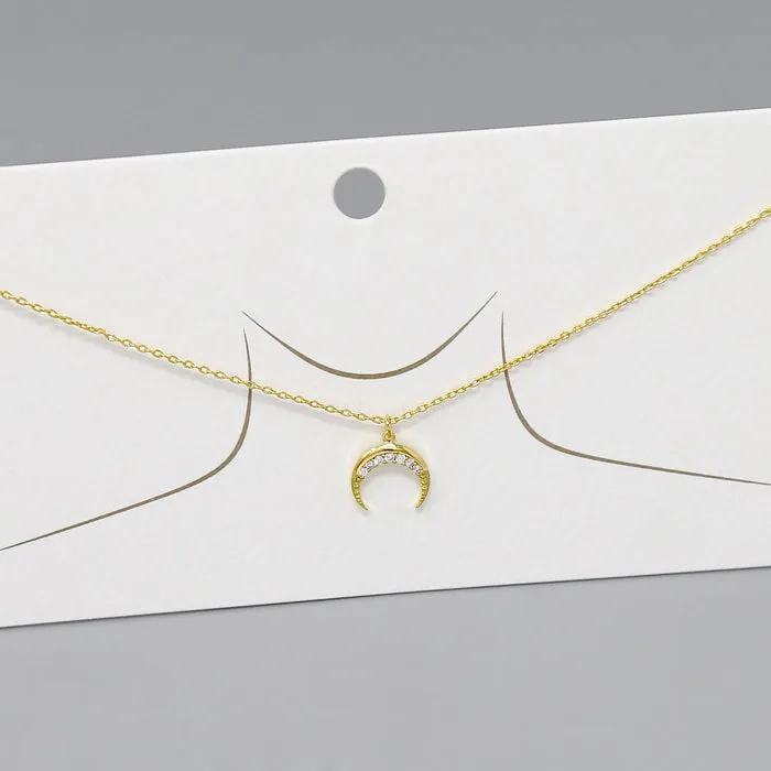 Crescent Moon CZ Pave Pendant Short Chain Necklace