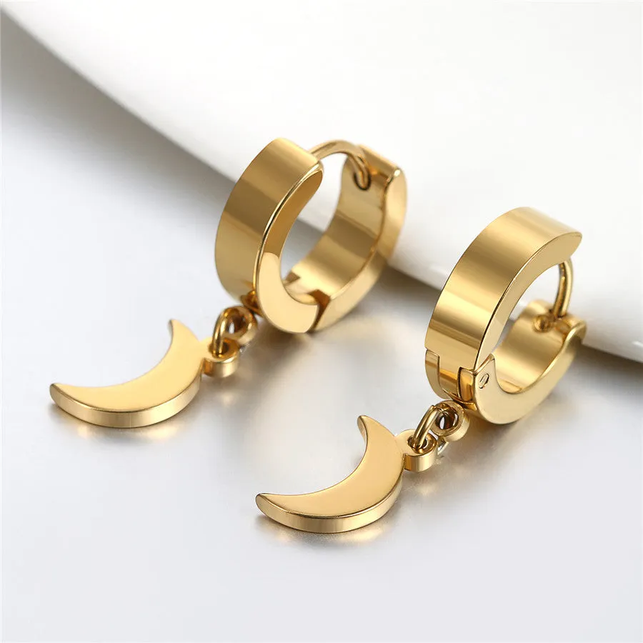 Crescent Moon or Star Stainless Steel Fashion Rock Small Circle Hoop Earrings