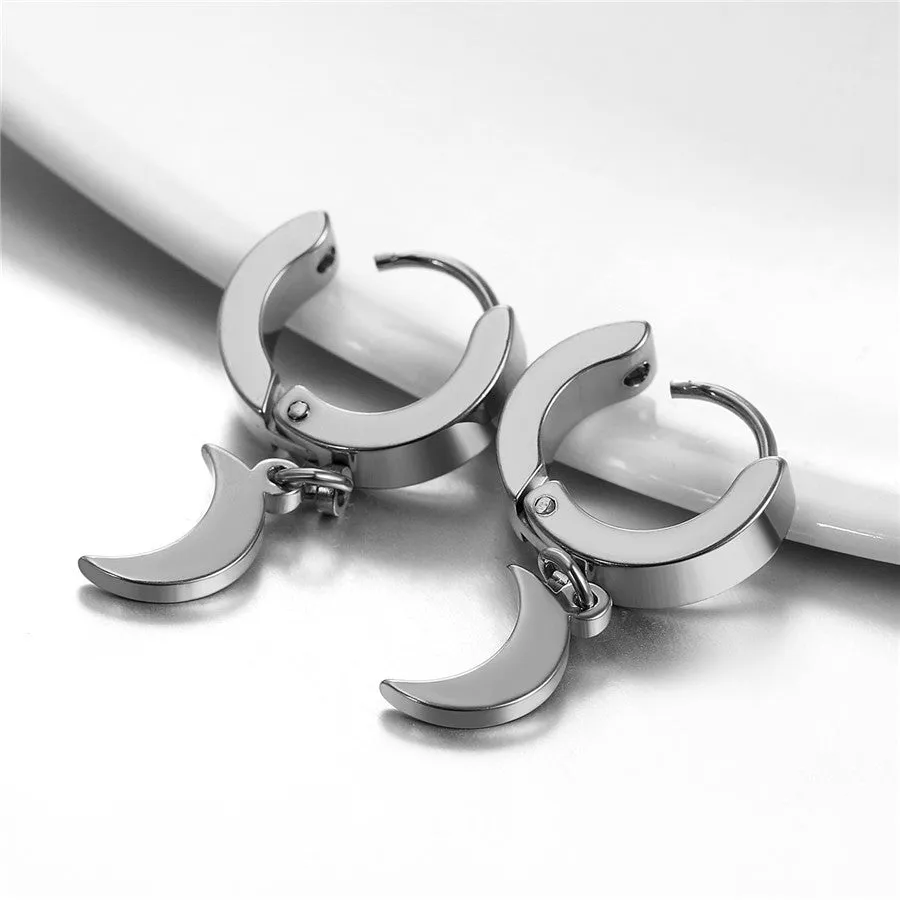 Crescent Moon or Star Stainless Steel Fashion Rock Small Circle Hoop Earrings