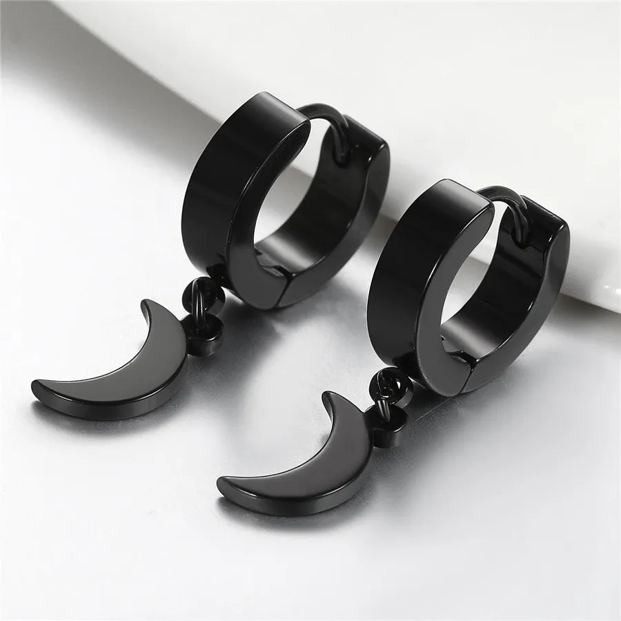 Crescent Moon or Star Stainless Steel Fashion Rock Small Circle Hoop Earrings