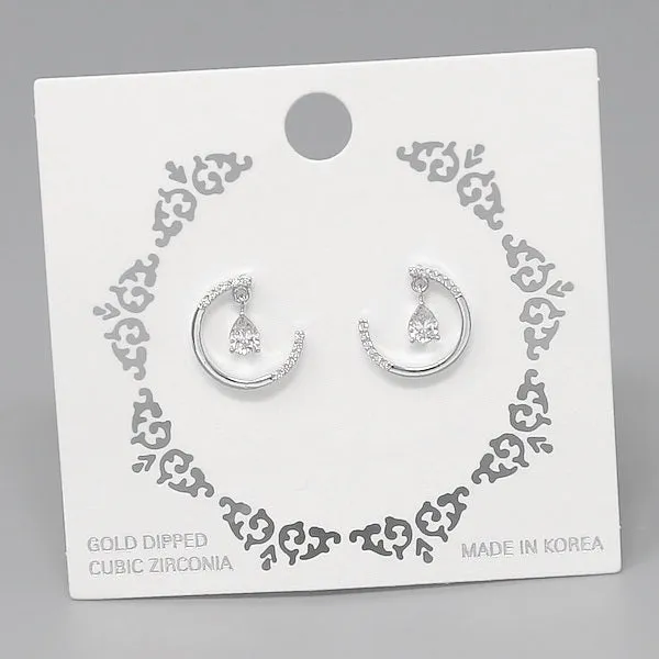 CZ Pave Crescent Moon Stud Earrings