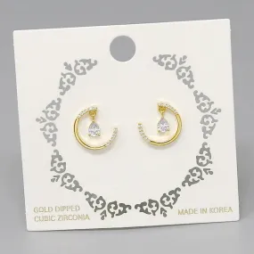 CZ Pave Crescent Moon Stud Earrings