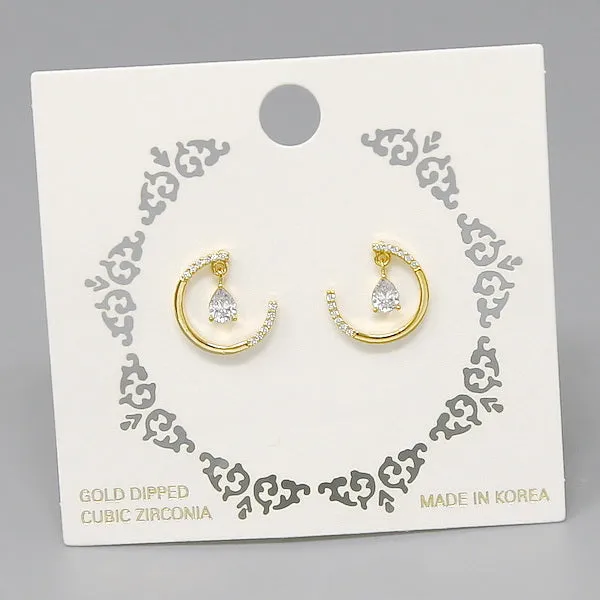 CZ Pave Crescent Moon Stud Earrings