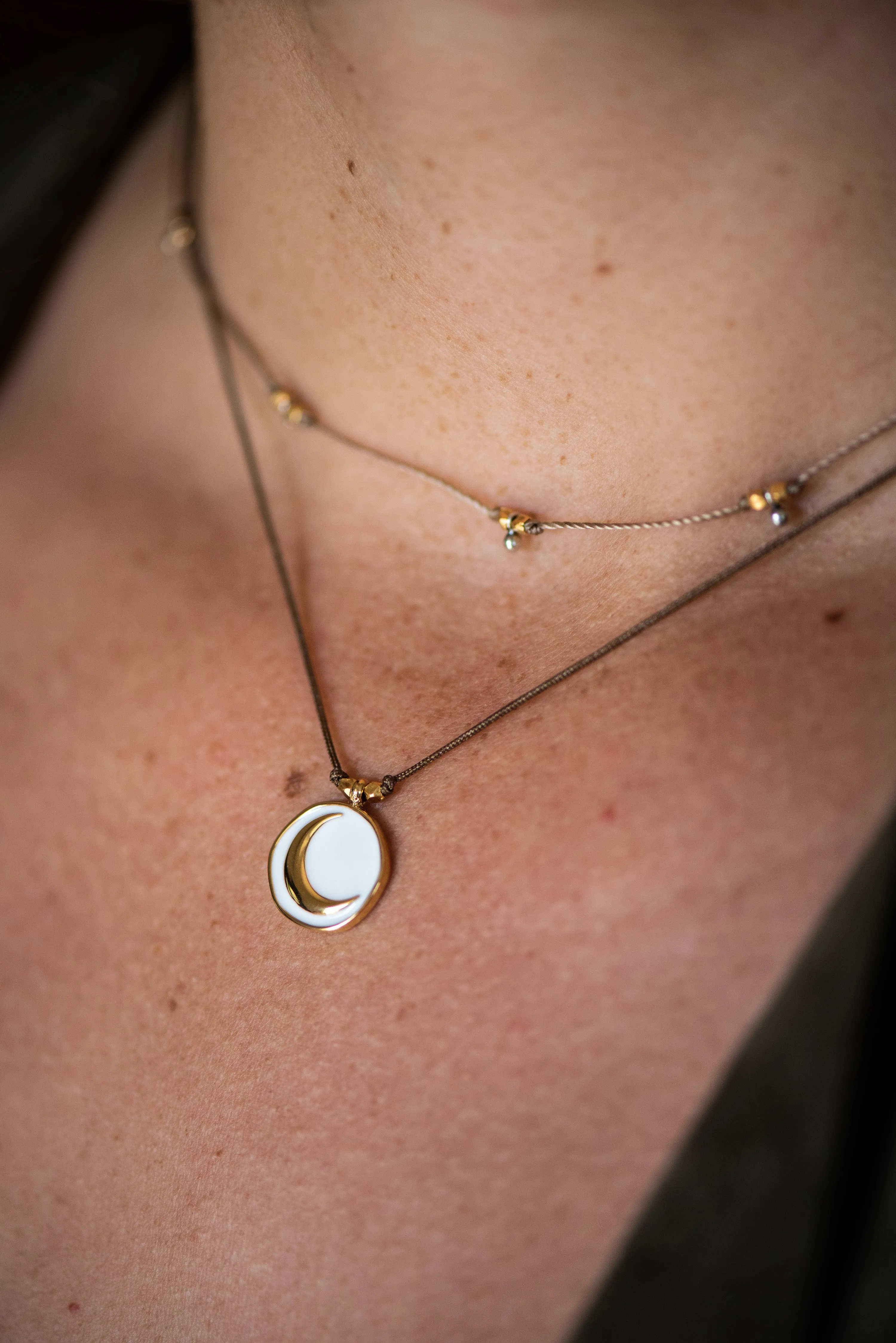 Enamel Charm Necklace - White Crescent Moon