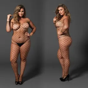 Fence Net Off The Shoulder Bodystocking. Long Sleeved Plus Size Black