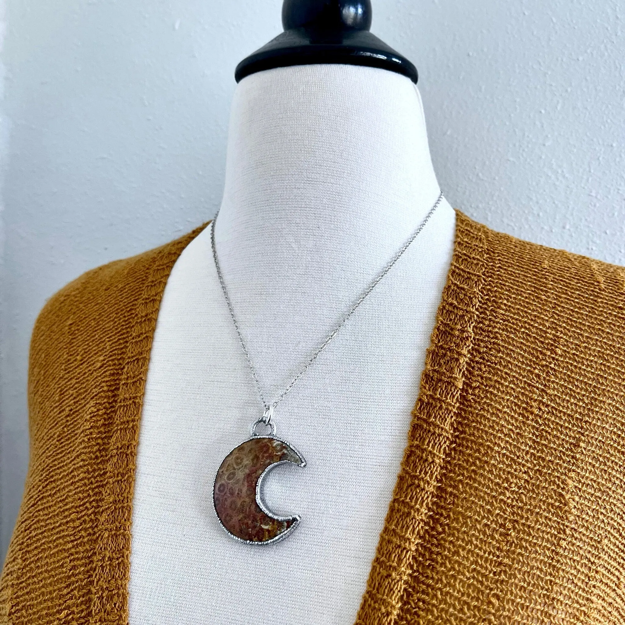 Fossilized Coral Crescent Moon Necklace in Fine Silver  / Foxlark Collection - One of a Kind Electroformed Jewelry Electroformed