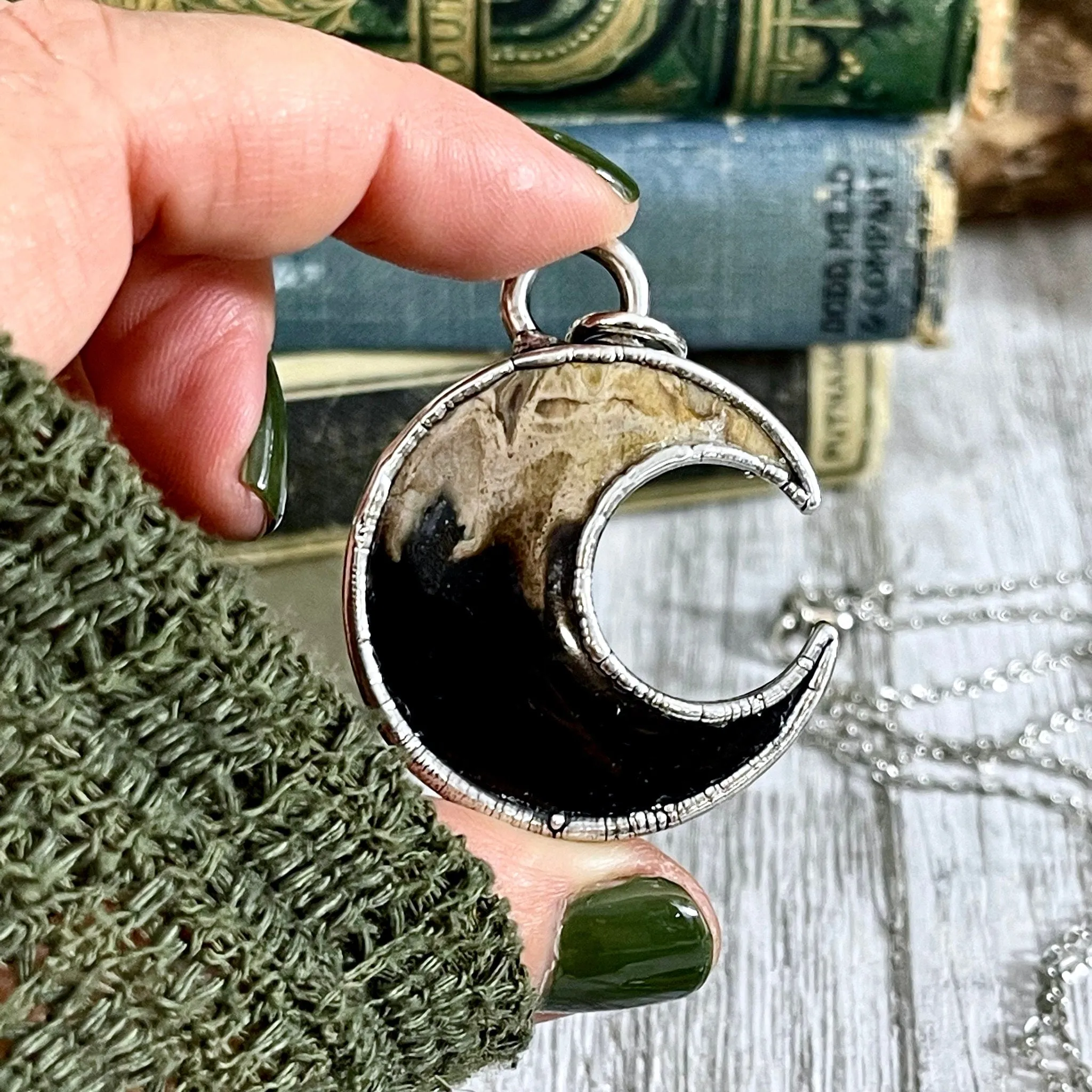 Fossilized Palm Root Crescent Moon Necklace in Fine Silver  / Foxlark Collection - One of a Kind