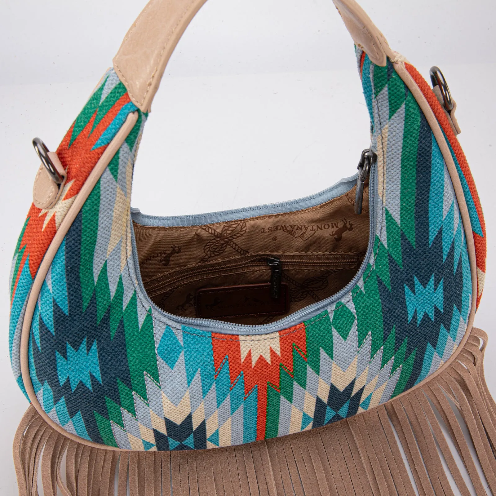 MW1285-8366  Montana West Aztec Fringe Crescent Crossbody Bag - Turquoise