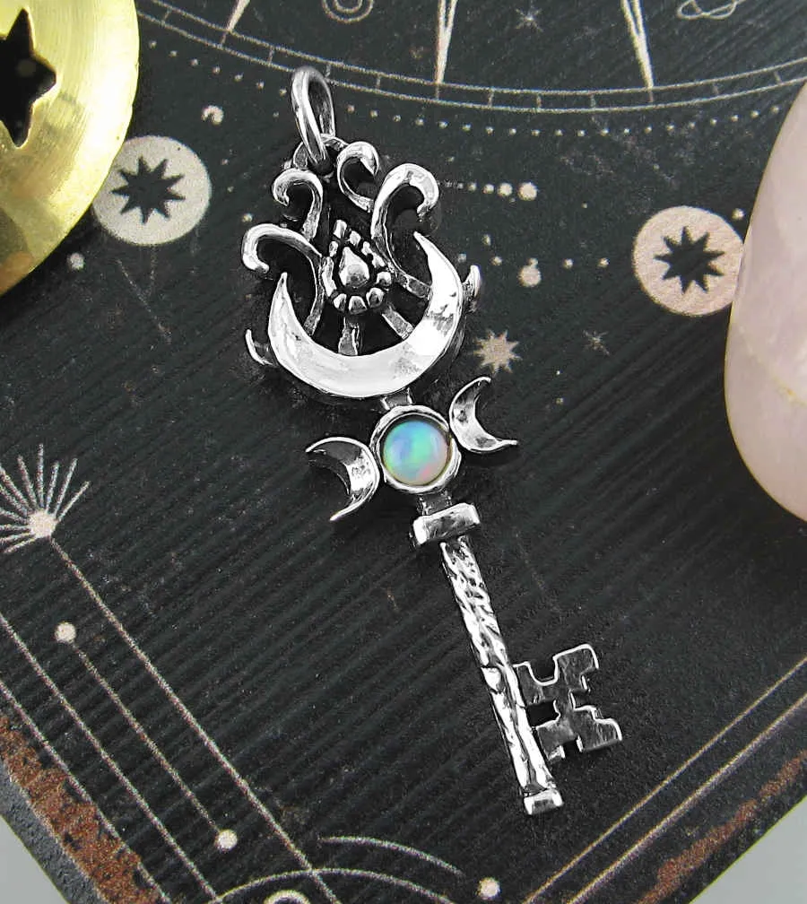 Old-Fashioned Key Pendant With Triple Moon, Crescent & Opal Cabochon, Handmade