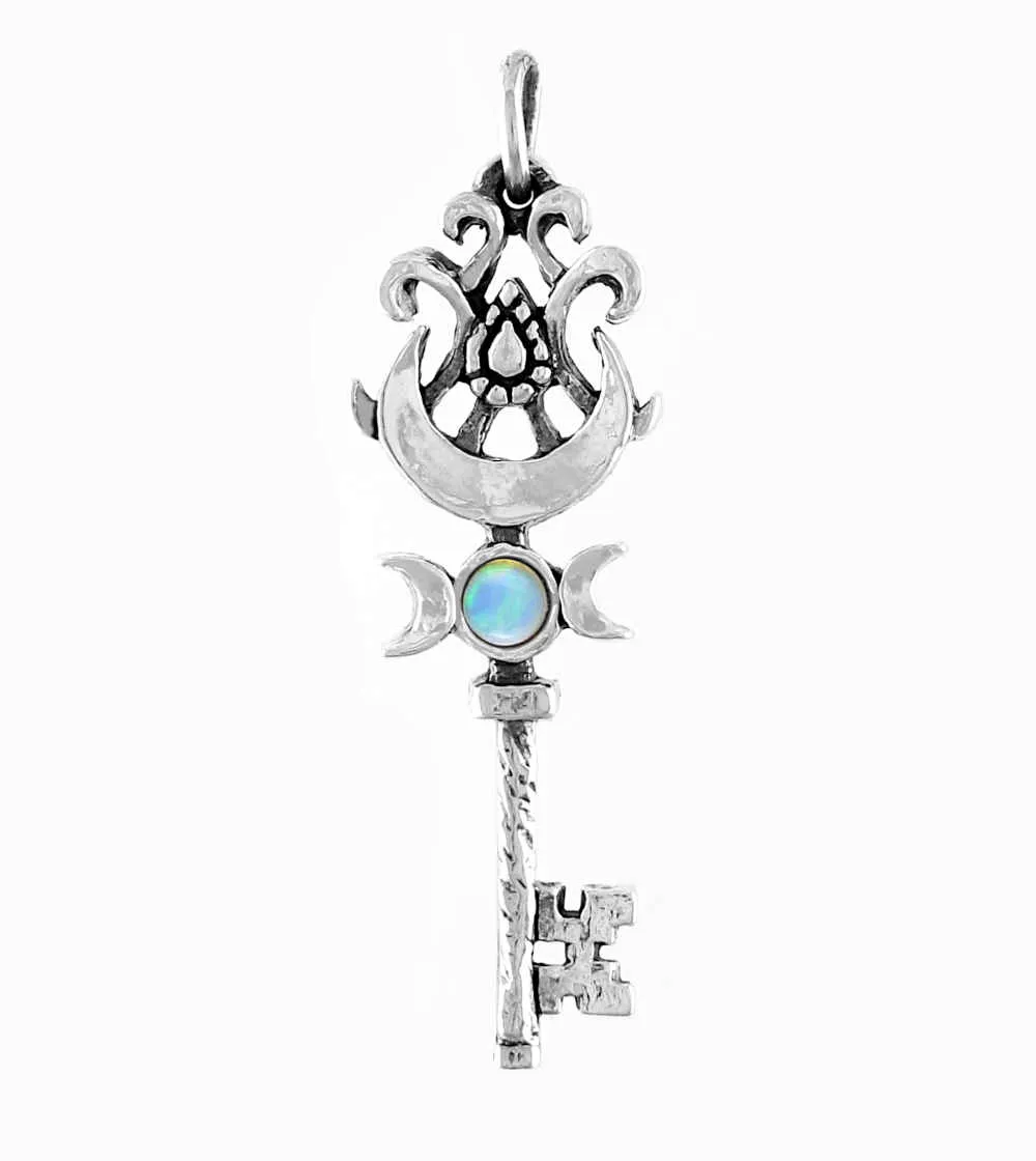 Old-Fashioned Key Pendant With Triple Moon, Crescent & Opal Cabochon, Handmade