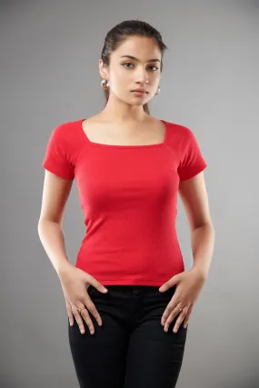 Red Square Neck Top