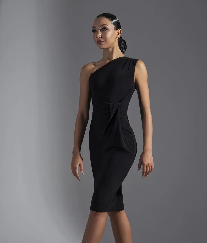 Single Shoulder Latin Practice Dress with Sleek Skirt and Gathered Waist Detail PRA 573