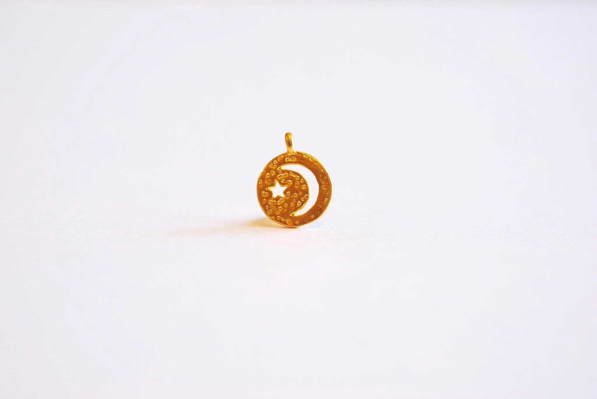 Small Crescent Wholesale Moon Star Round Circle Tag Charm- Choose Vermeil Gold, Rose Gold, Sterling Silver, Moon Star cutout, night sky, circle, 427