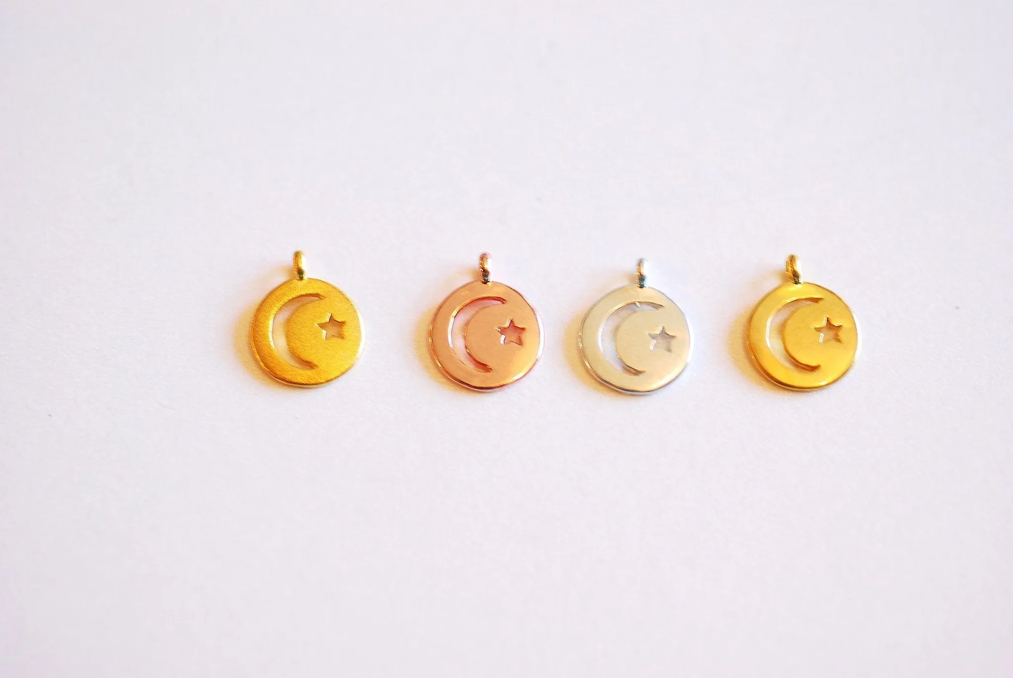 Small Crescent Wholesale Moon Star Round Circle Tag Charm- Choose Vermeil Gold, Rose Gold, Sterling Silver, Moon Star cutout, night sky, circle, 427