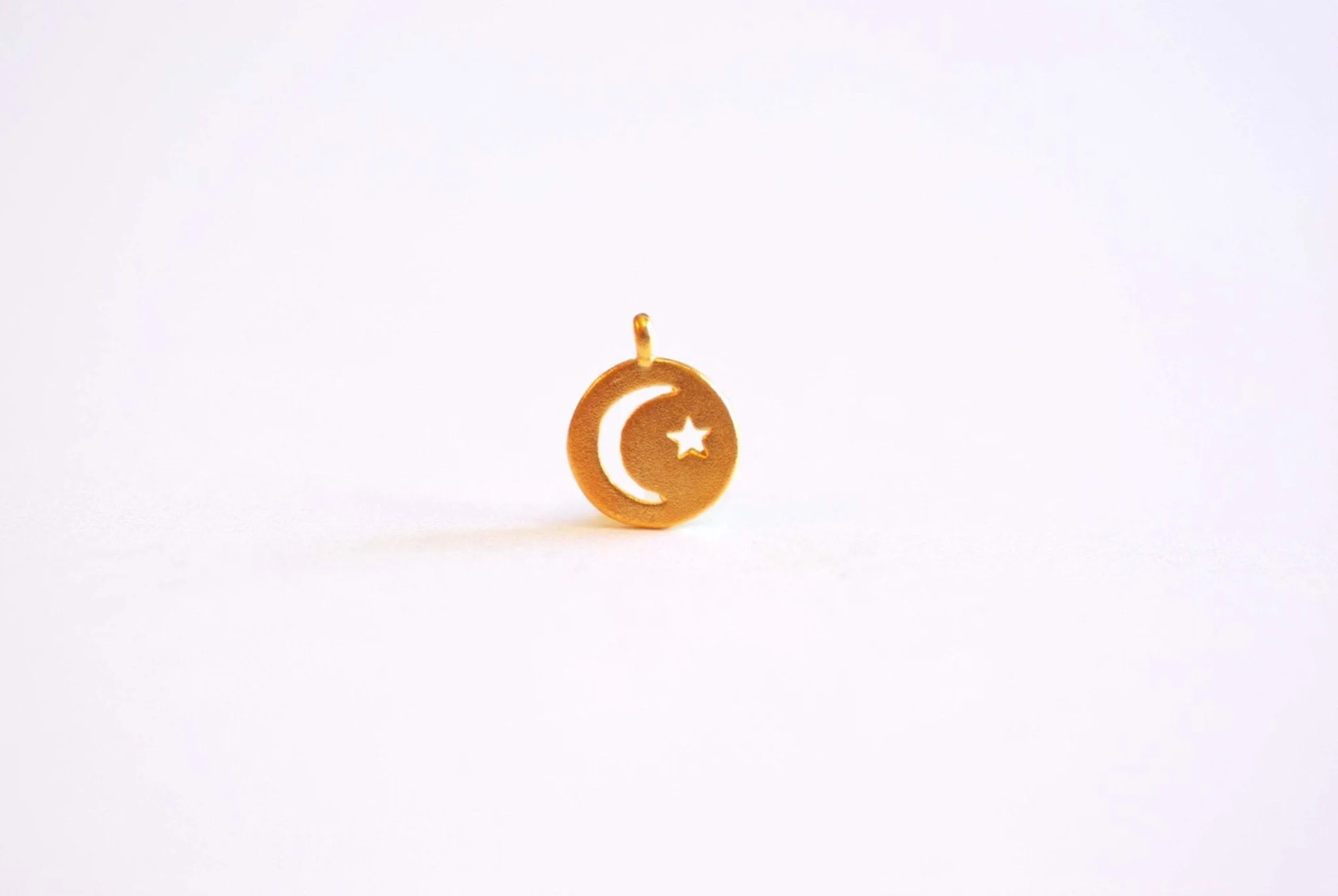 Small Crescent Wholesale Moon Star Round Circle Tag Charm- Choose Vermeil Gold, Rose Gold, Sterling Silver, Moon Star cutout, night sky, circle, 427