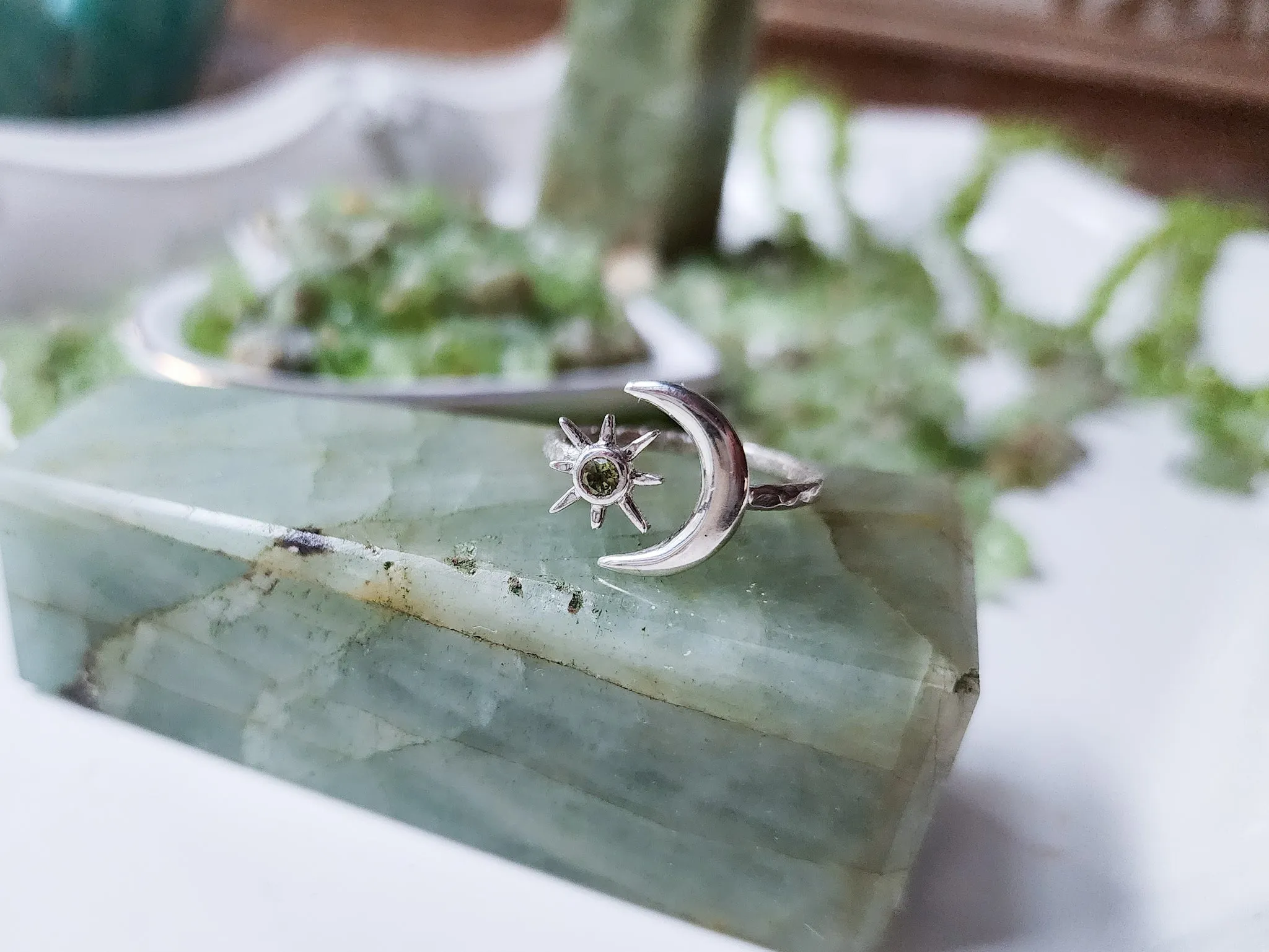 Sun & Crescent Moon Sterling Ring || Peridot