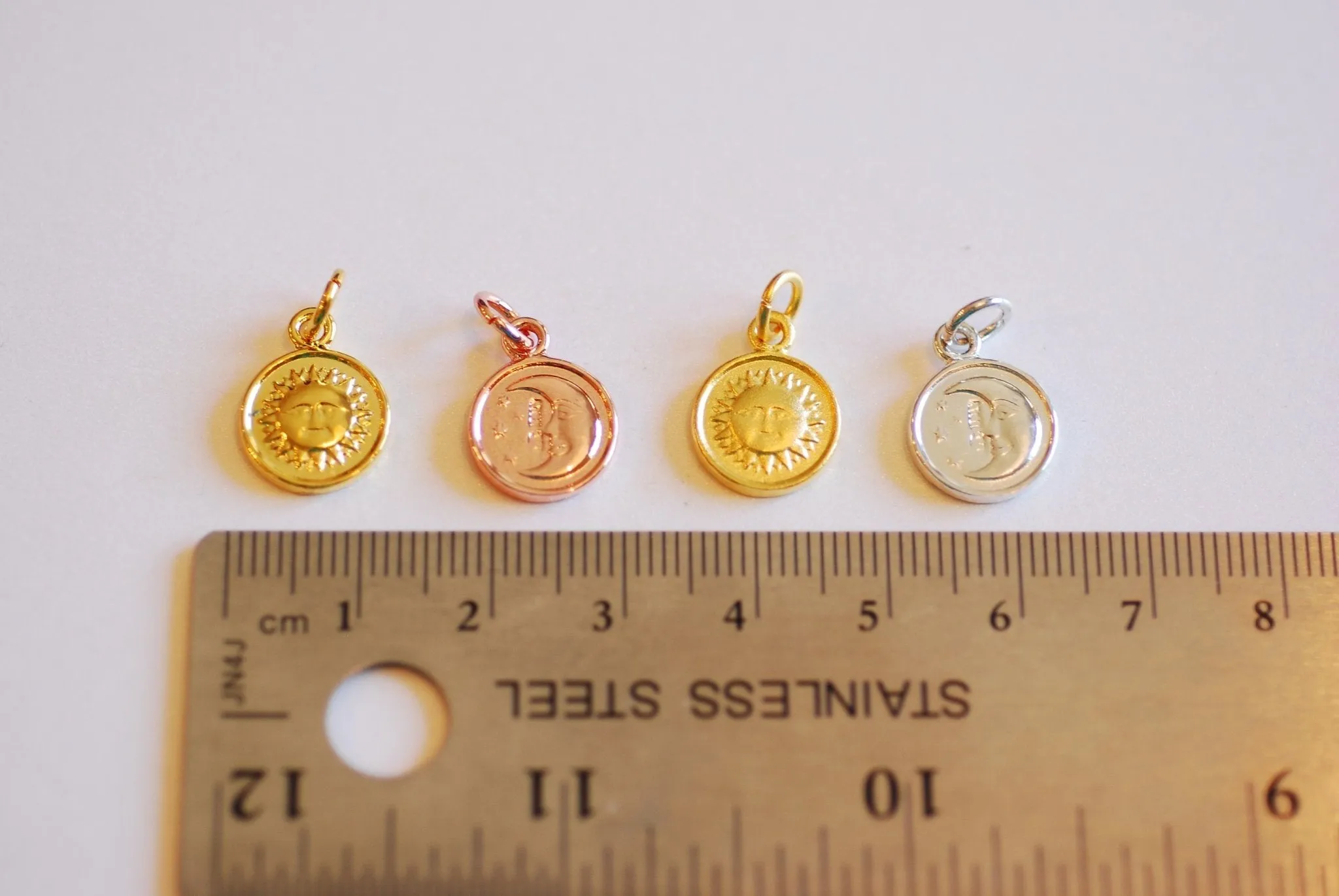 Sun and Wholesale Moon Round Charm- Vermeil Gold, Rose Gold or Sterling Silver, Crescent and Star Round Disc Charm, gold circle tag, half Moon, 155