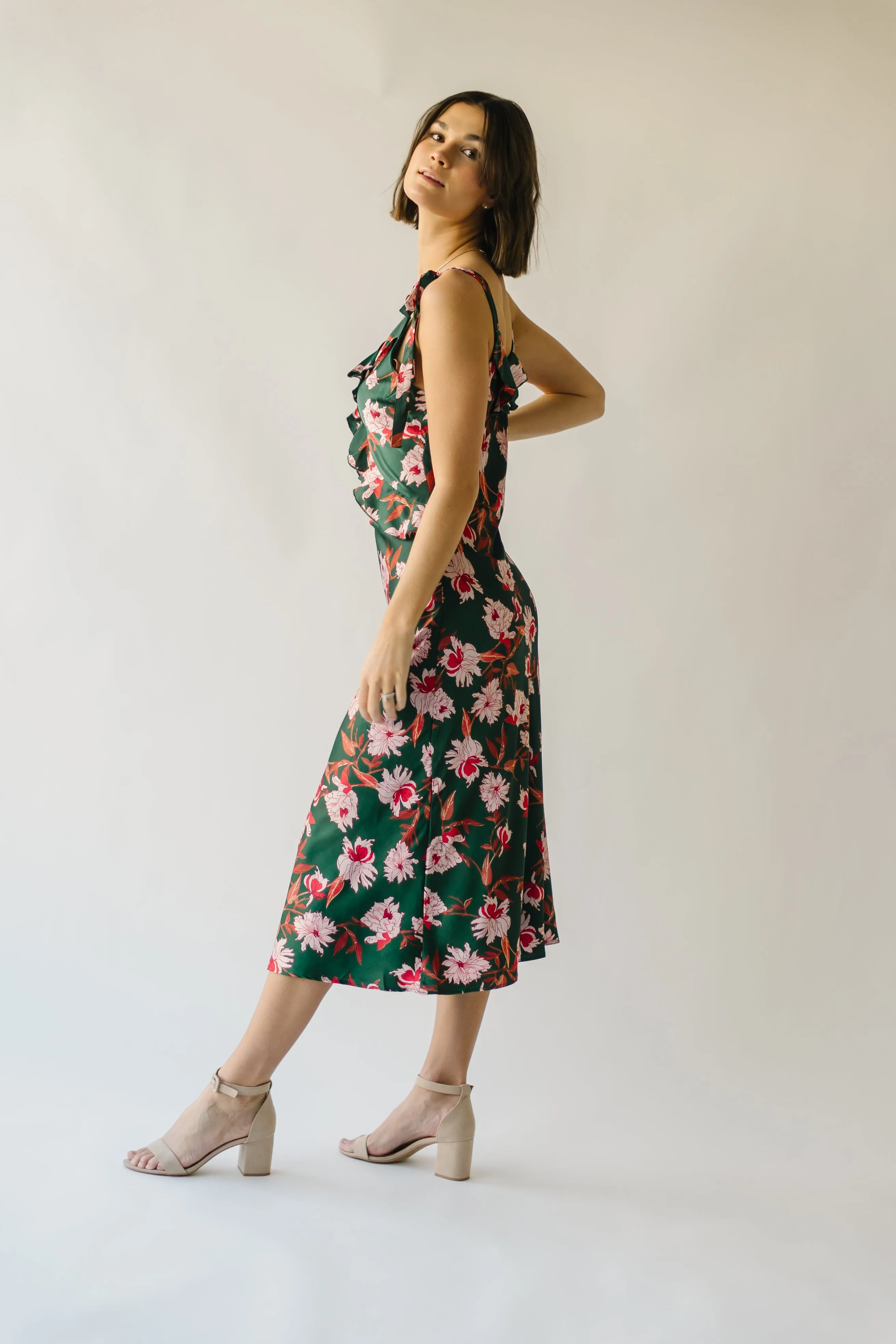 The Etna Shoulder Tie Floral Midi Dress in Green Multi