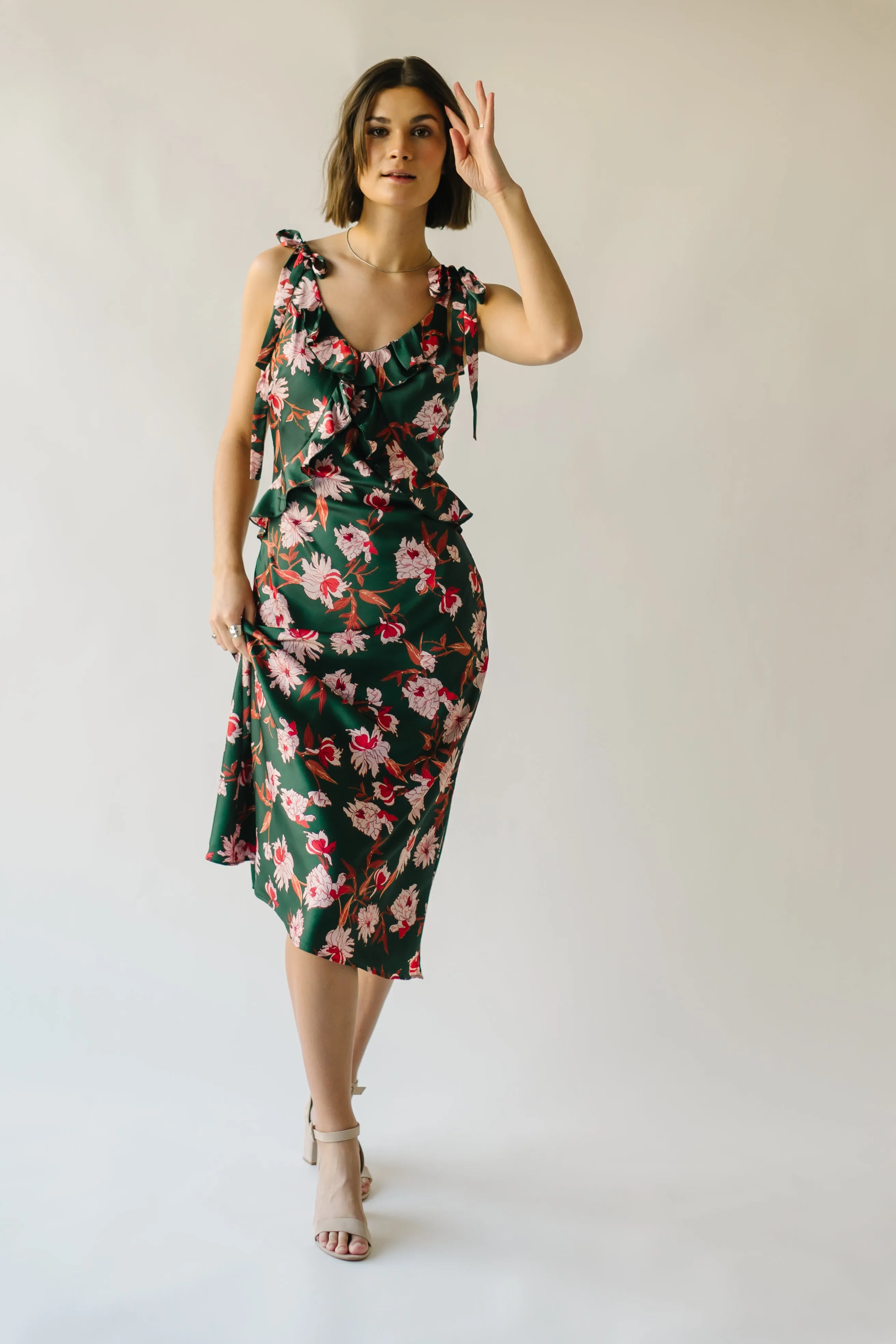 The Etna Shoulder Tie Floral Midi Dress in Green Multi