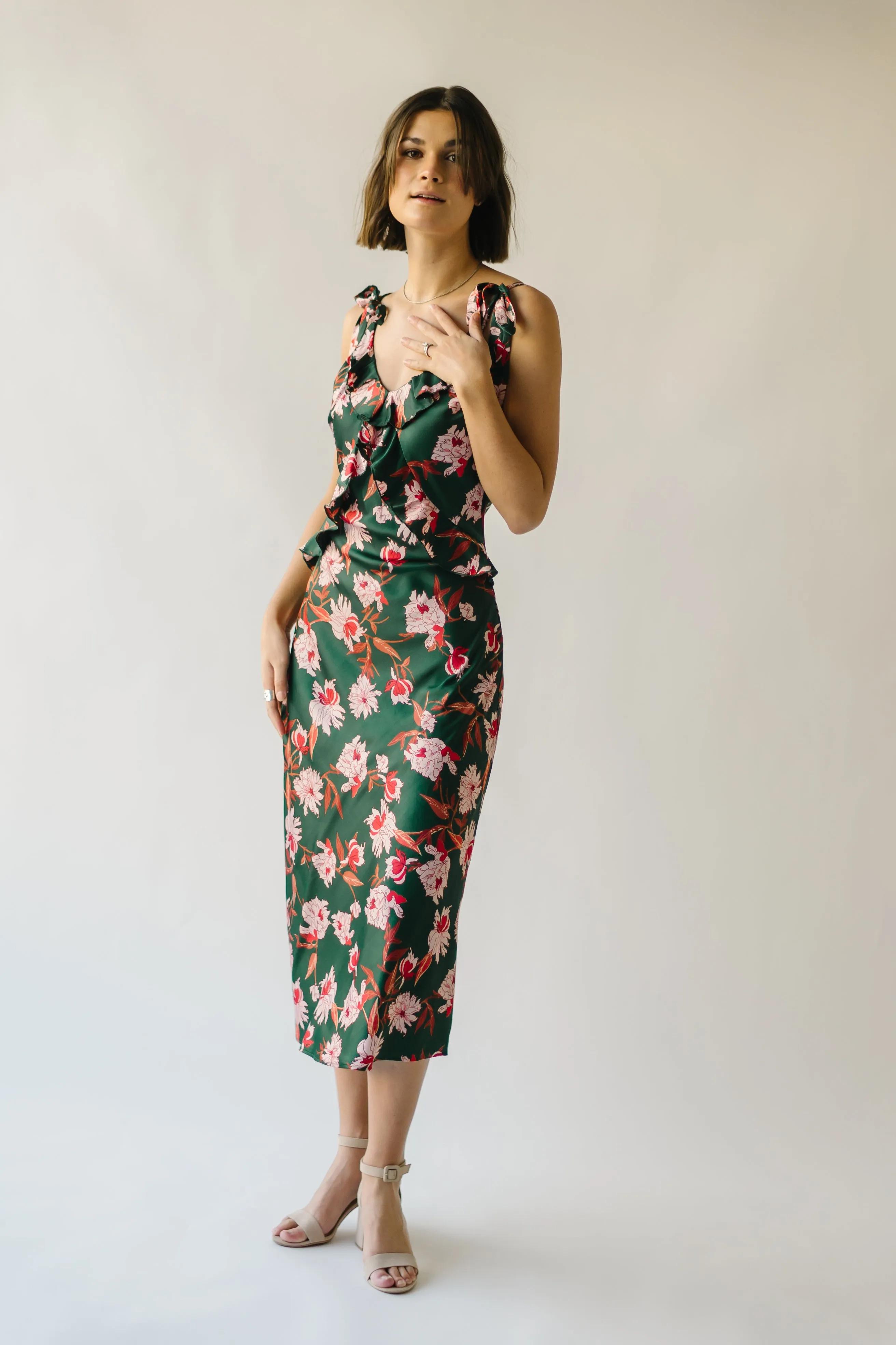 The Etna Shoulder Tie Floral Midi Dress in Green Multi