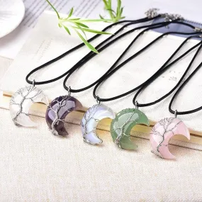 Tree of Life Crescent Moon Semi-Precious Gemstone Necklace