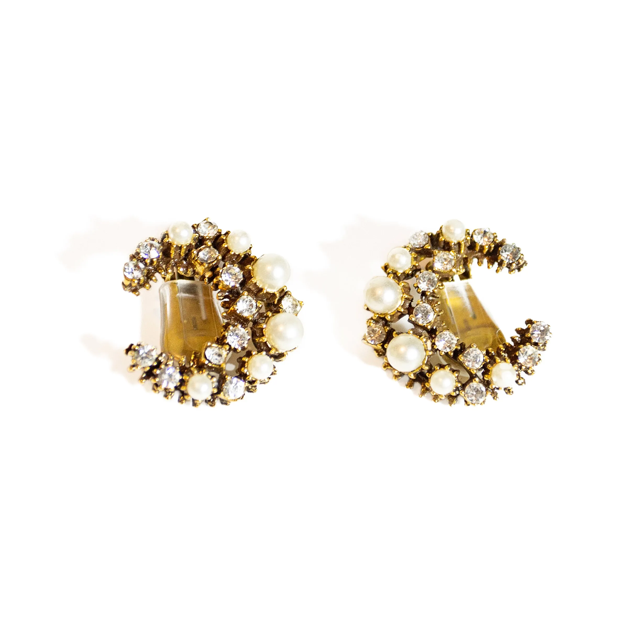 Vintage Gold-Tone and Crystal Crescent Moon Clip-On Costume Earrings