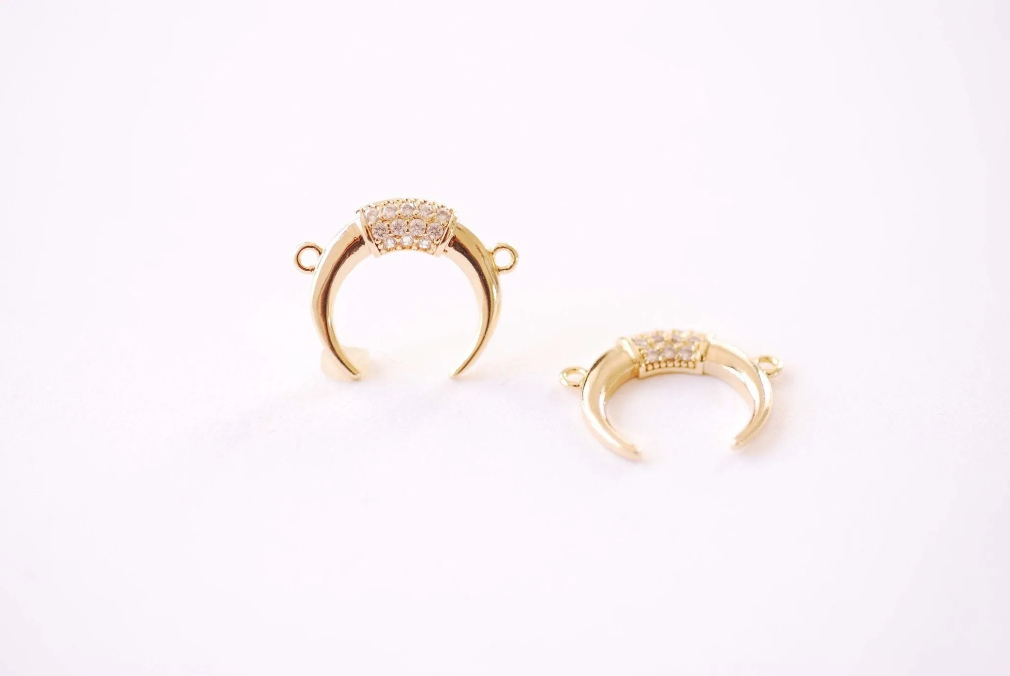 Wholesale Double Horn Crescent Moon Charm Pendant - 16k Gold plated Brass Micro Pave Cubic Zirconia Half Moon Connector HarperCrown B110